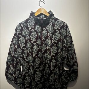 TNA Women’s Zip-Up Sweater - Burgundy and Gray Rose Pattern